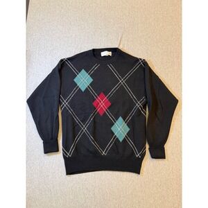 Clark & Gregory Scotland Superfine Merino Wool Argyle Sweater Black Mens Large